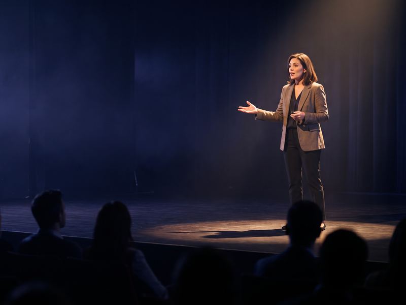 Conférencière sur scène
