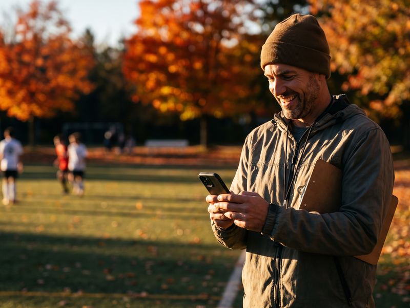 Un entraîneur bénévole au bord d’un terrain en automne